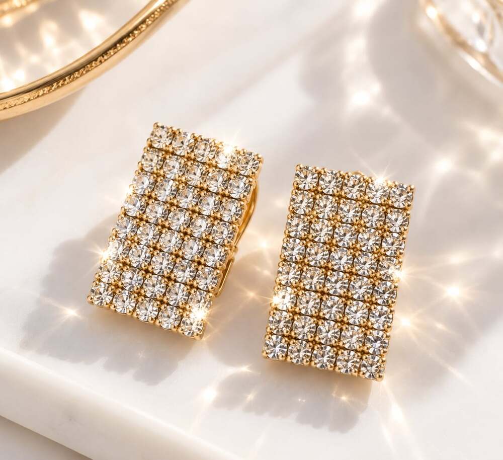 Rhinestone Clip On Earrings Gold Tone Glam Maximalist Statement